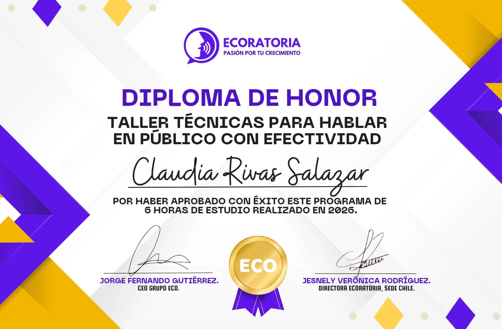 Diploma de honor del Taller Técnicas para Hablar en Público con Efectividad, certificado por Ecoratoria